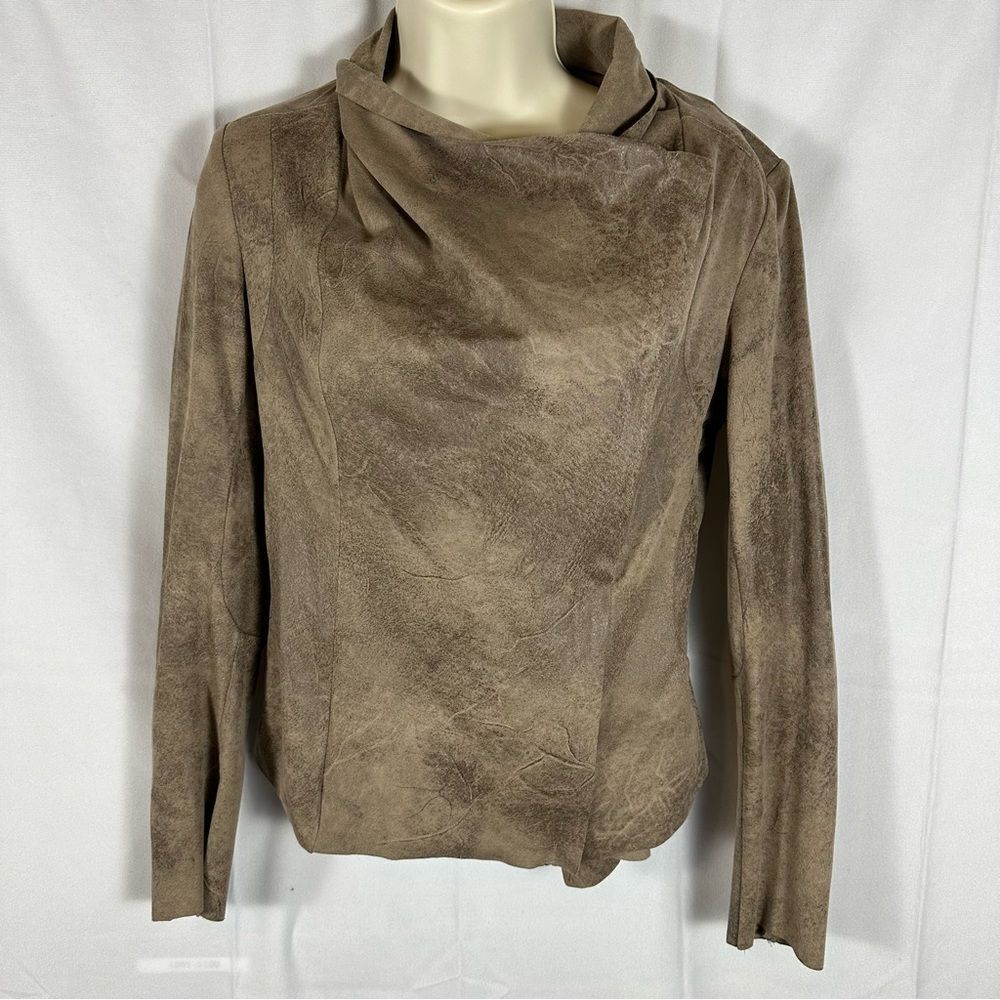 ZARA Women’s Faux Leather Suede Jacket Asymmetrical Cowl Neck Raw Hem Tan M